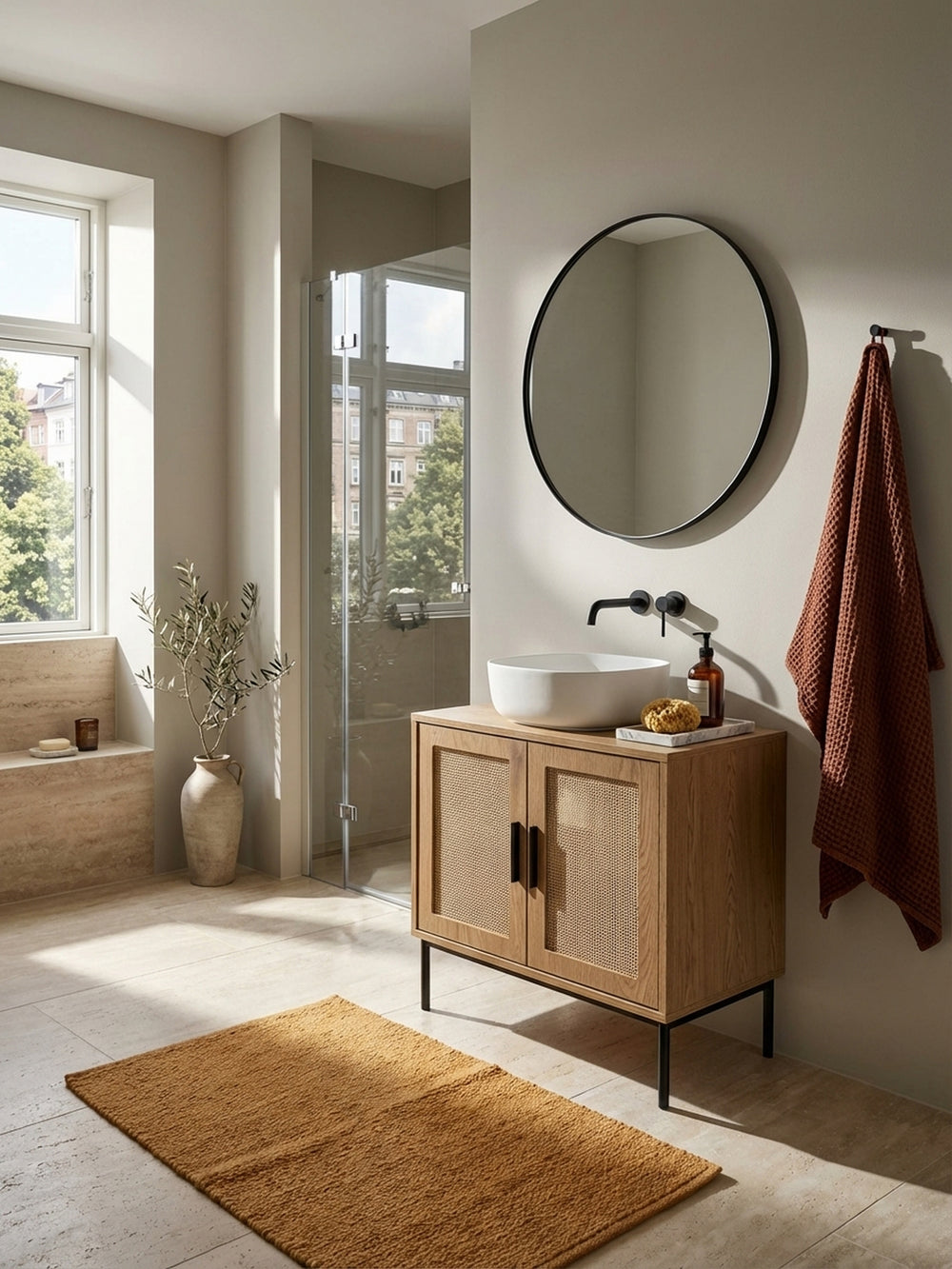 Geräumiges Spa-Badezimmer mit dem freistehenden Waschbeckenunterschrank in Eiche-Optik und Rattan-Türen unter einem modernen weißen Waschbecken, ergänzt durch einen großen runden Spiegel._