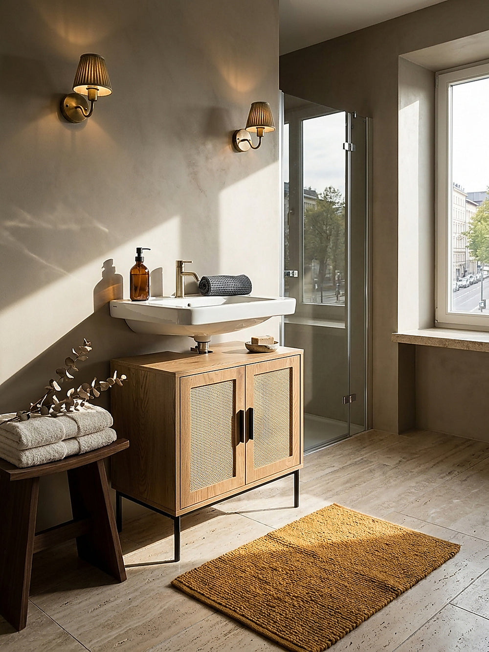 Eleganter Waschbeckenunterschrank in Eiche-Optik mit Polyrattan-Türen im organisch-modernen Spa-Badezimmer auf hellem Travertin-Boden unter einem Aufsatzwaschbecken._