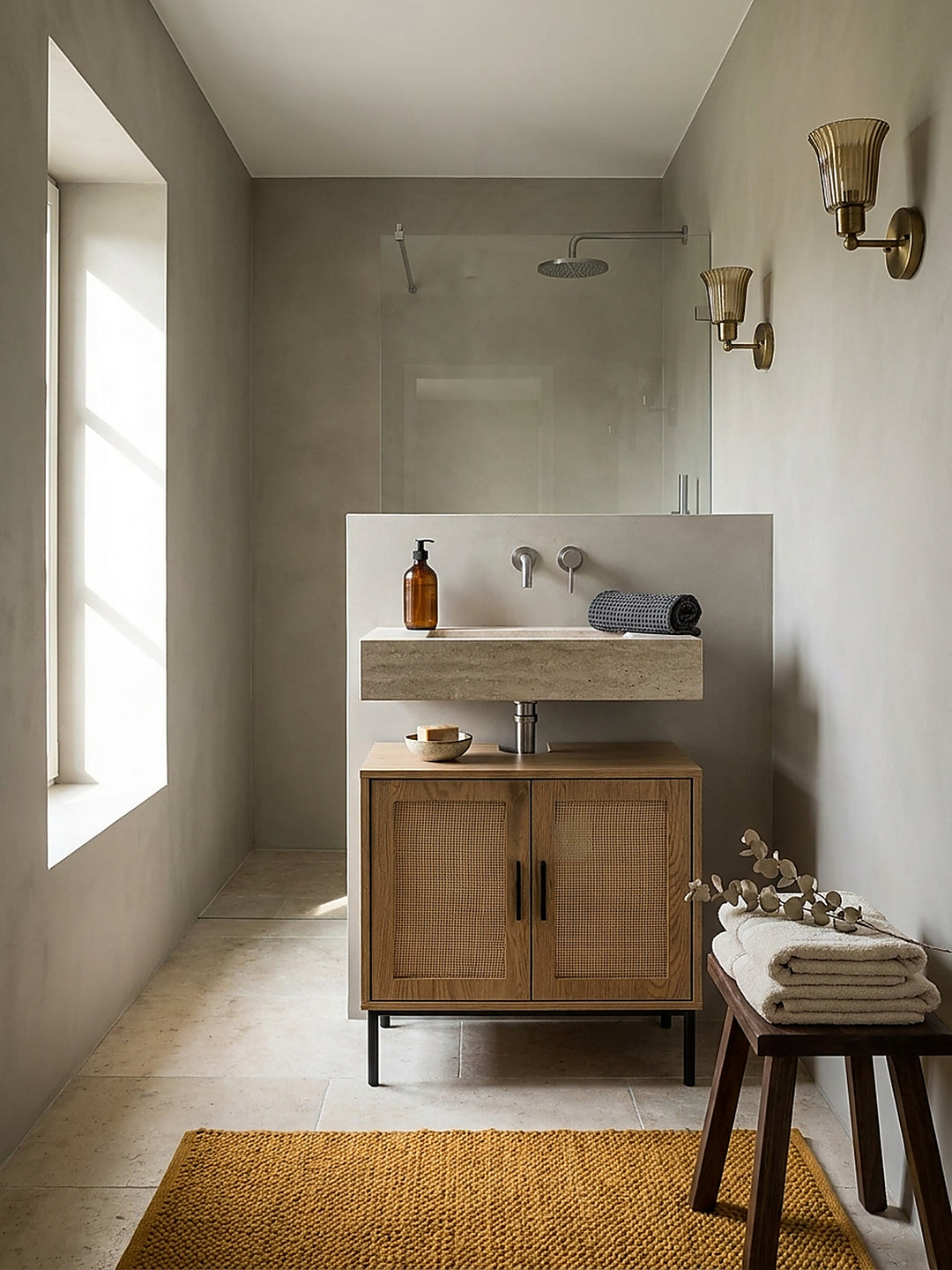 Eleganter Waschbeckenunterschrank in Eiche-Optik mit Polyrattan-Türen im organisch-modernen Spa-Badezimmer auf hellem Travertin-Boden unter einem Aufsatzwaschbecken._
