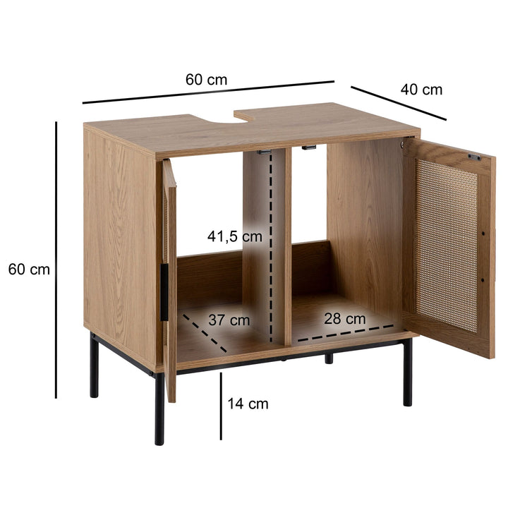 Waschbeckenunterschrank Eiche-Optik 60x60x40 cm mit Türen und Rattangeflecht