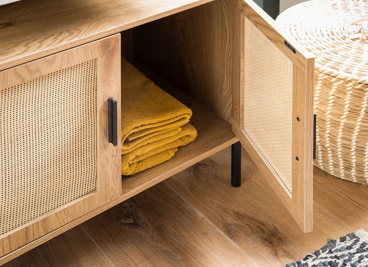 Waschbeckenunterschrank Eiche-Optik 60x60x40 cm mit Türen und Rattangeflecht