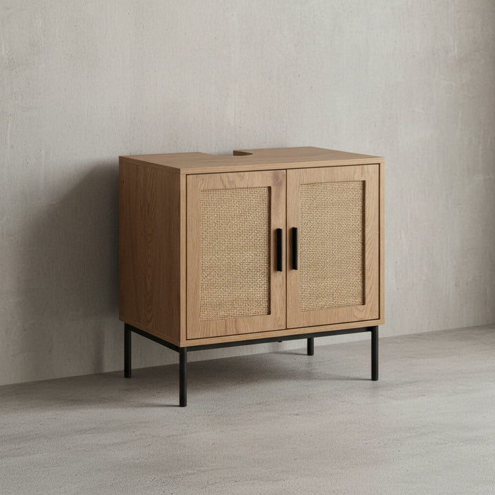 Waschbeckenunterschrank Eiche-Optik 60x60x40 cm mit Türen - Badezimmerschrank mit Rattangeflecht - Unterschrank Stehend - Badschrank Midischrank Klein Waschtisch_
