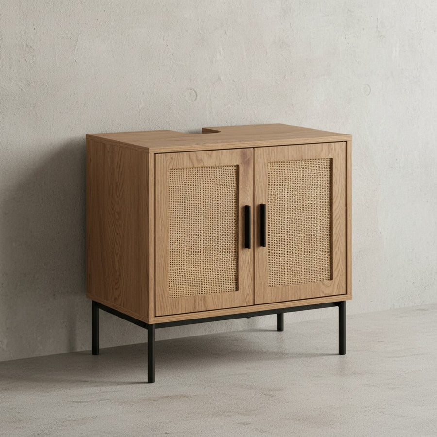 Waschbeckenunterschrank Eiche-Optik 60x60x40 cm mit Türen - Badezimmerschrank mit Rattangeflecht - Unterschrank Stehend - Badschrank Midischrank Klein Waschtisch_