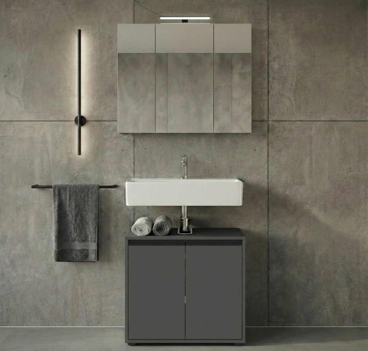 WB-Unterschrank 63x34x55cm | 2 Türen & Soft-Close | Siphonausschnitt | Graphit | Made in Germany | Badschrank Modern | Kadima Design Serie HAMBURG_