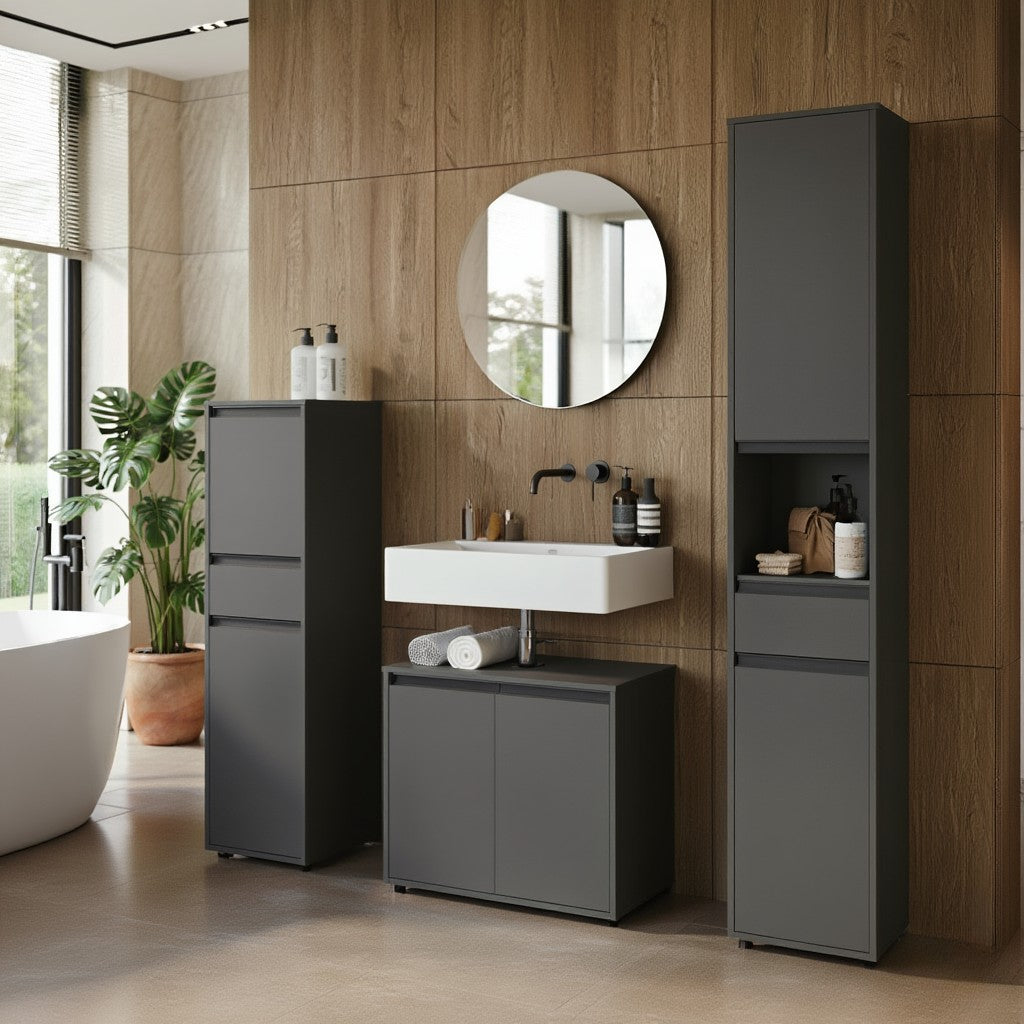 WB-Unterschrank 63x34x55cm | 2 Türen & Soft-Close | Siphonausschnitt | Graphit | Made in Germany | Badschrank Modern | Kadima Design Serie HAMBURG_