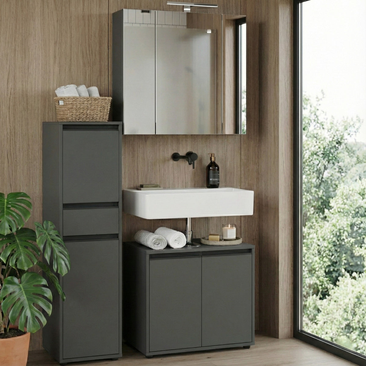WB-Unterschrank 63x34x55cm | 2 Türen & Soft-Close | Siphonausschnitt | Graphit | Made in Germany | Badschrank Modern | Kadima Design Serie HAMBURG_