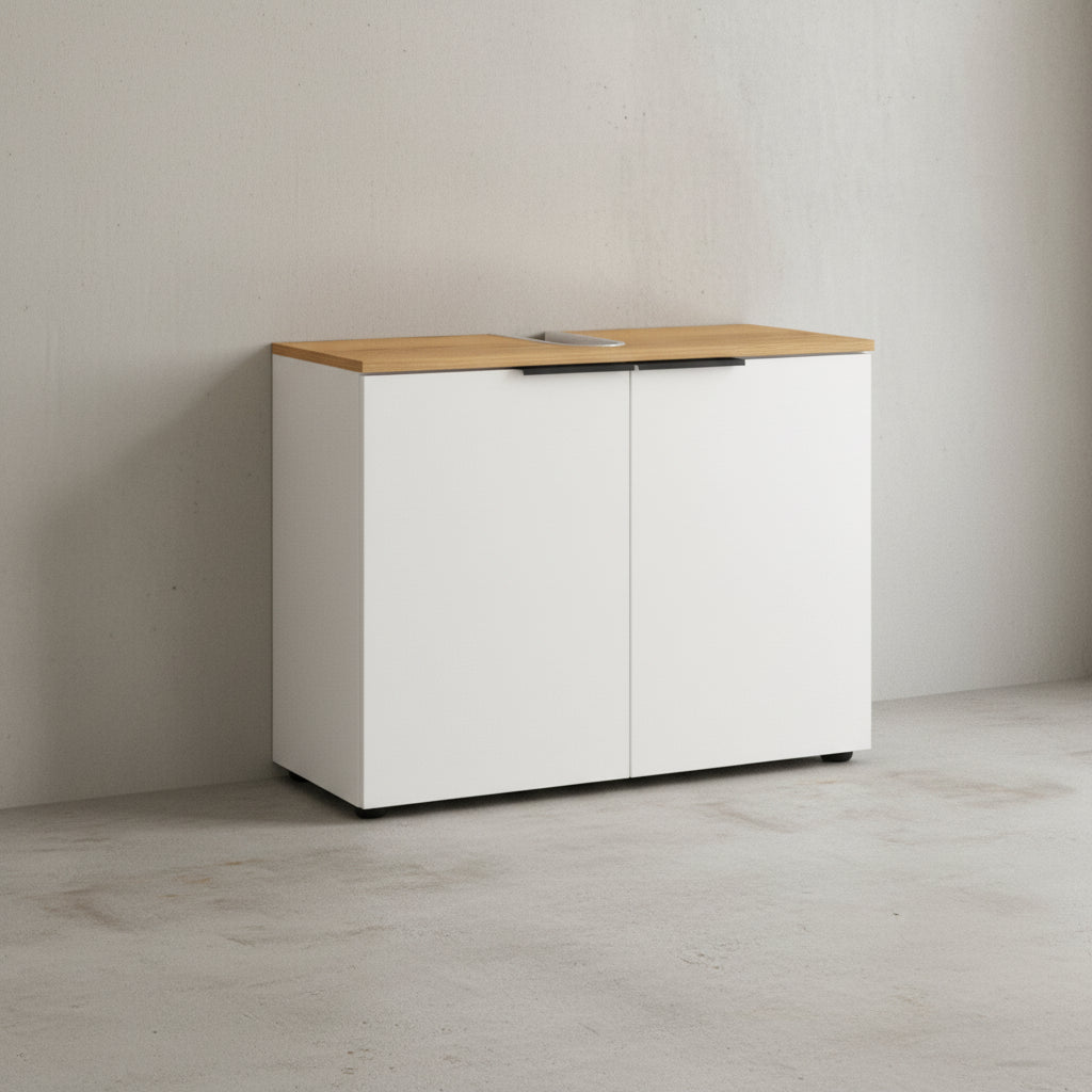 Waschbeckenunterschrank mit Siphonaussparung  70x34x58  Weiß-Beige  Made in Germany  TAHO-Serie von Kadima Design Größe  60x34x58 cm