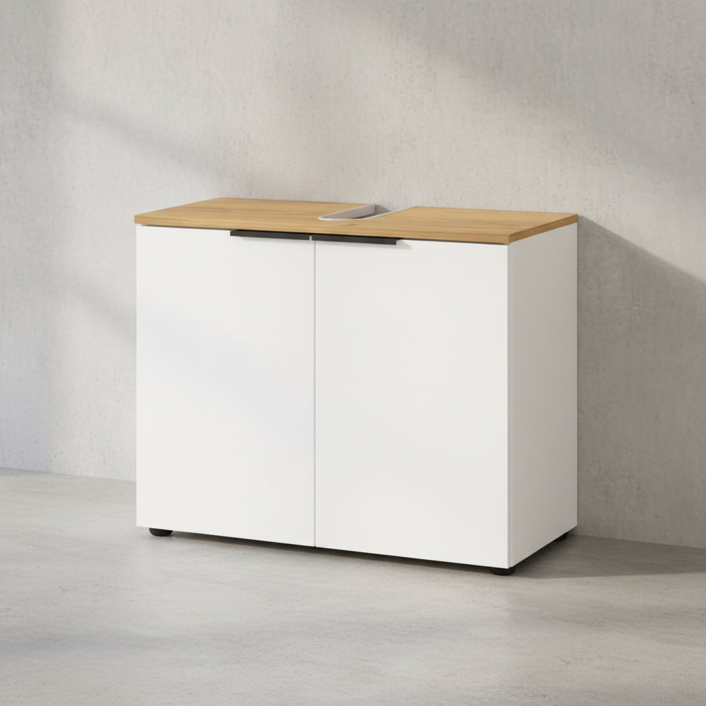 Waschbeckenunterschrank mit Siphonaussparung  70x34x58  Weiß-Beige  Made in Germany  TAHO-Serie von Kadima Design Größe  60x34x58 cm