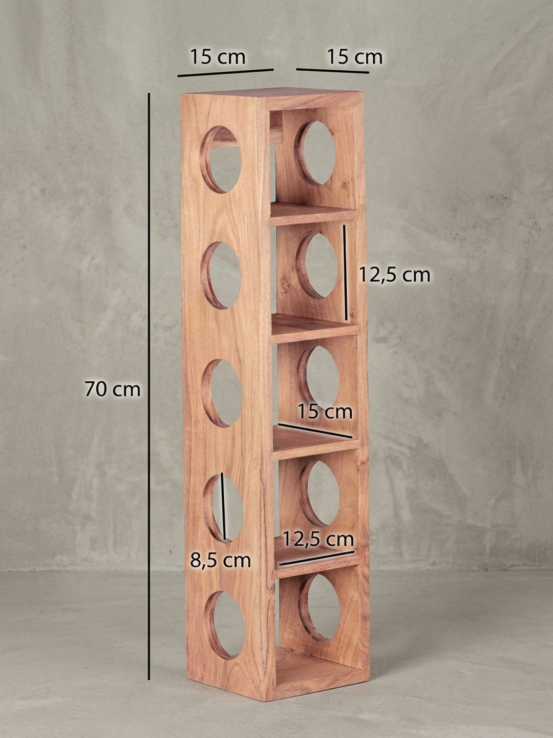 Detailansicht Standregale aus honigfarbenem Akazie-Massivholz zeigt Verarbeitung und Materialqualität mit Ablagefach 15x15x70 cm_