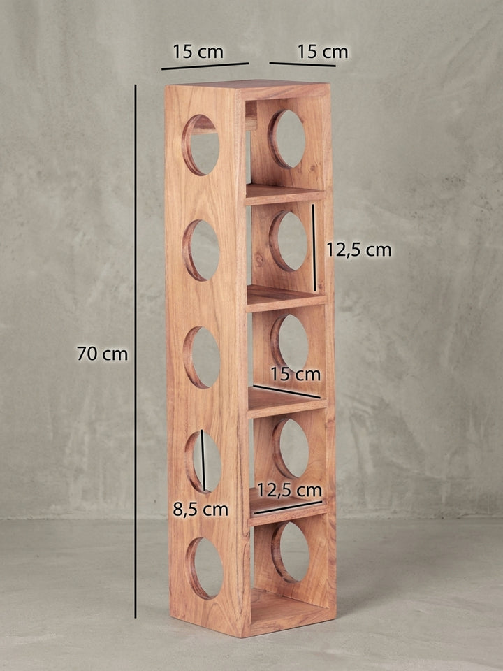 Detailansicht Standregale aus honigfarbenem Akazie-Massivholz zeigt Verarbeitung und Materialqualität mit Ablagefach 15x15x70 cm_