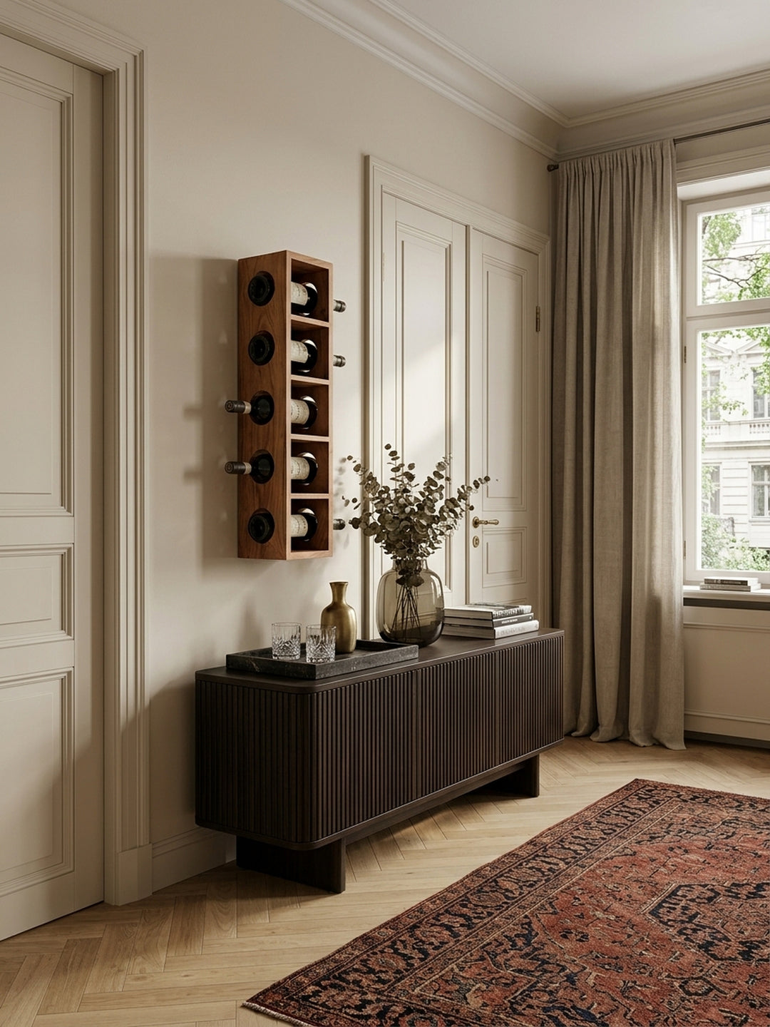 Standregale Akazie Massivholz natur 15x15x70 cm in stilvoller Esszimmer mit Barbereich-Einrichtung mit Dekoration und Accessoires aus der Vogelperspektive mit Ablagefach_
