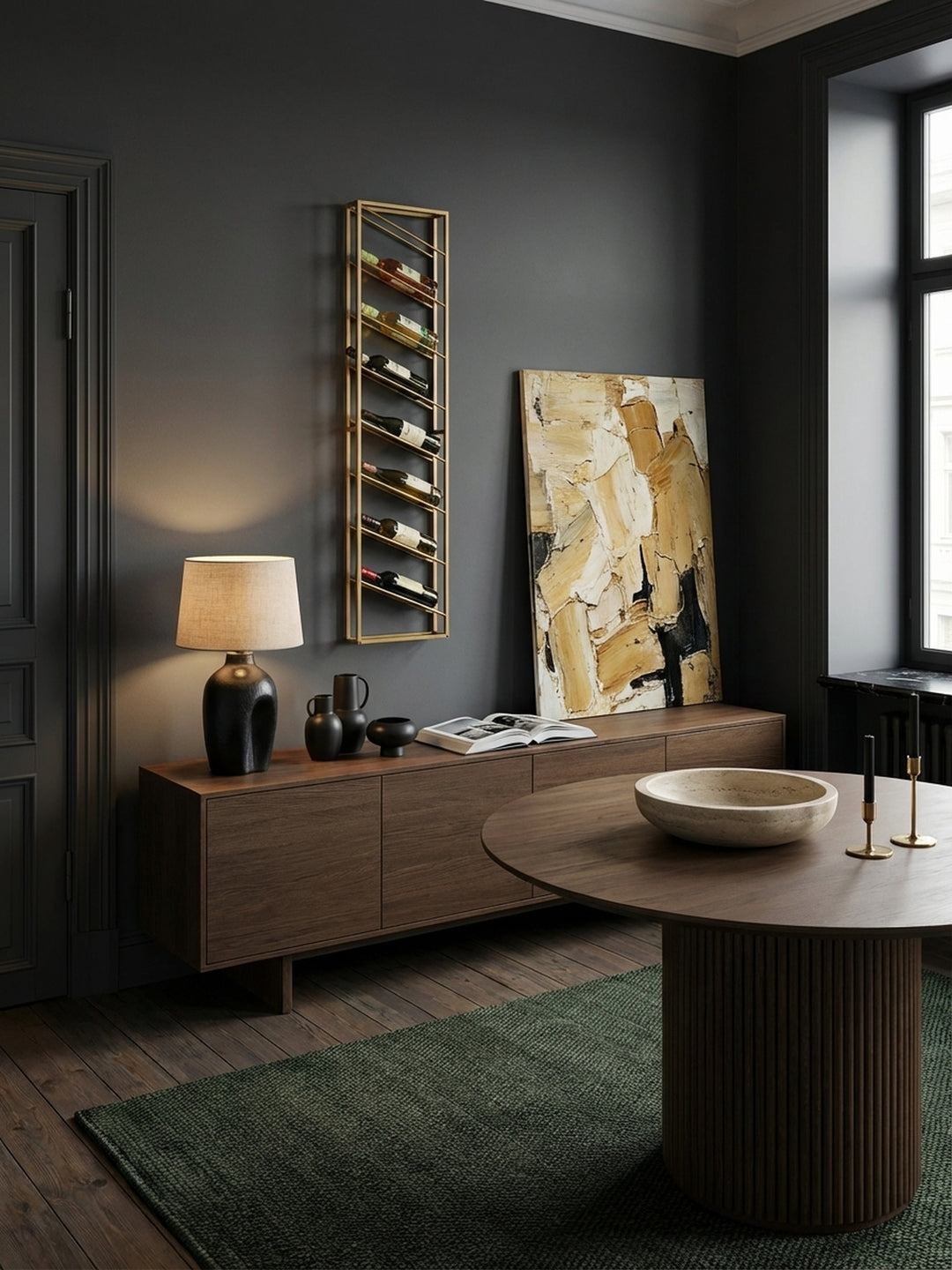 Planansicht eines Esszimmers mit einem schmalen Wand-Weinregal in Gold, das als vertikaler Akzent neben einem Esstisch dient._