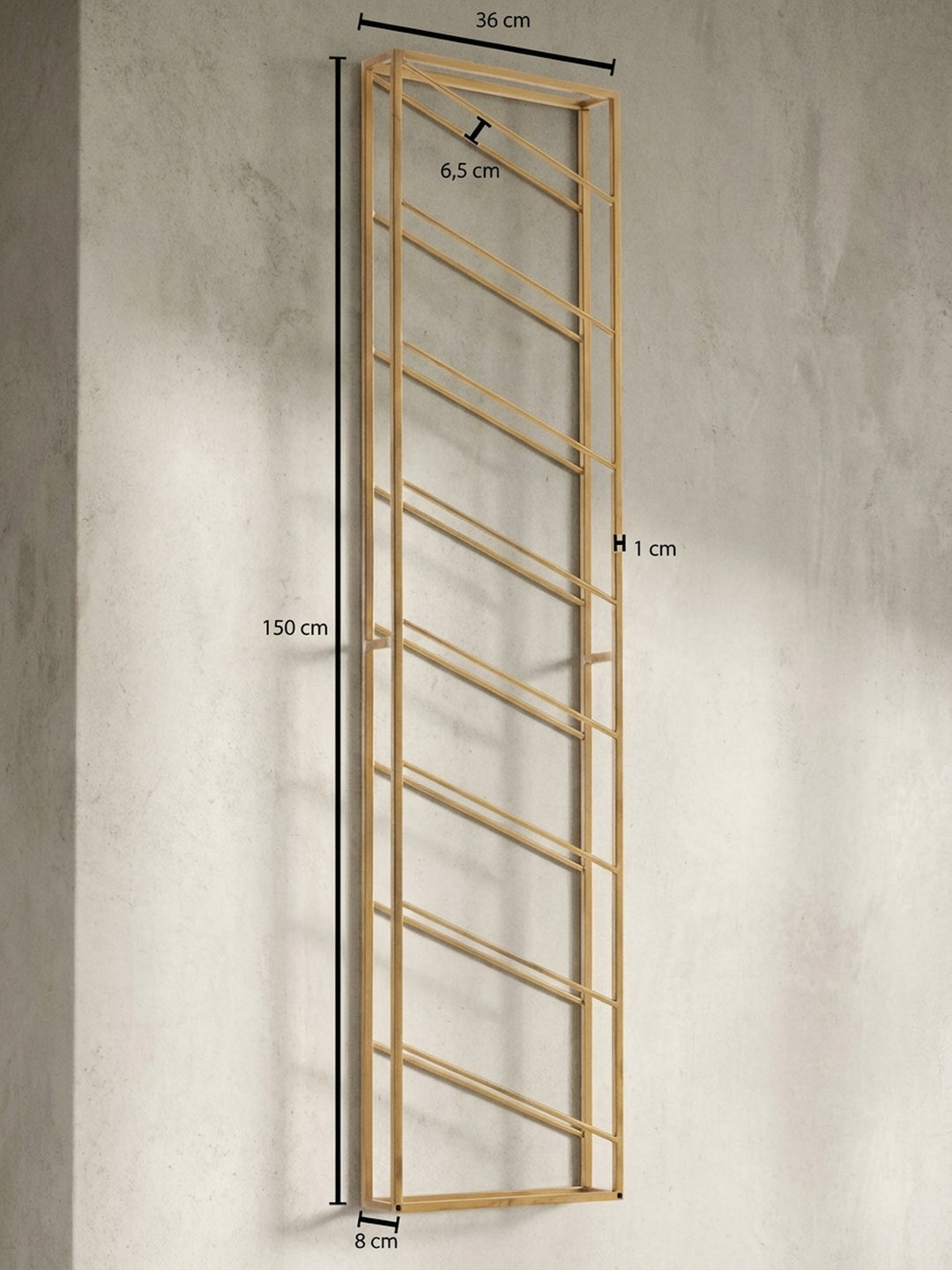 Technisches Maßbild des Weinregals mit exakten Abmessungen: Höhe 150 cm, Breite 36 cm und Tiefe 8 cm für die perfekte Wandplanung._