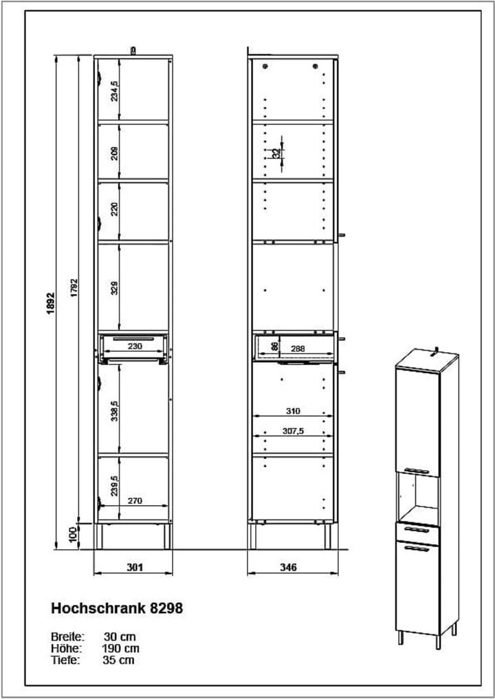 Weißer Hochbadezimmerschrank mit Schublade_ 30x35x190_ Chromdetails_ Verstellbare Böden_ Selbsteinzug_ OREA Kollektion von Kadima Design_Größe_ 30x35x190 cm_