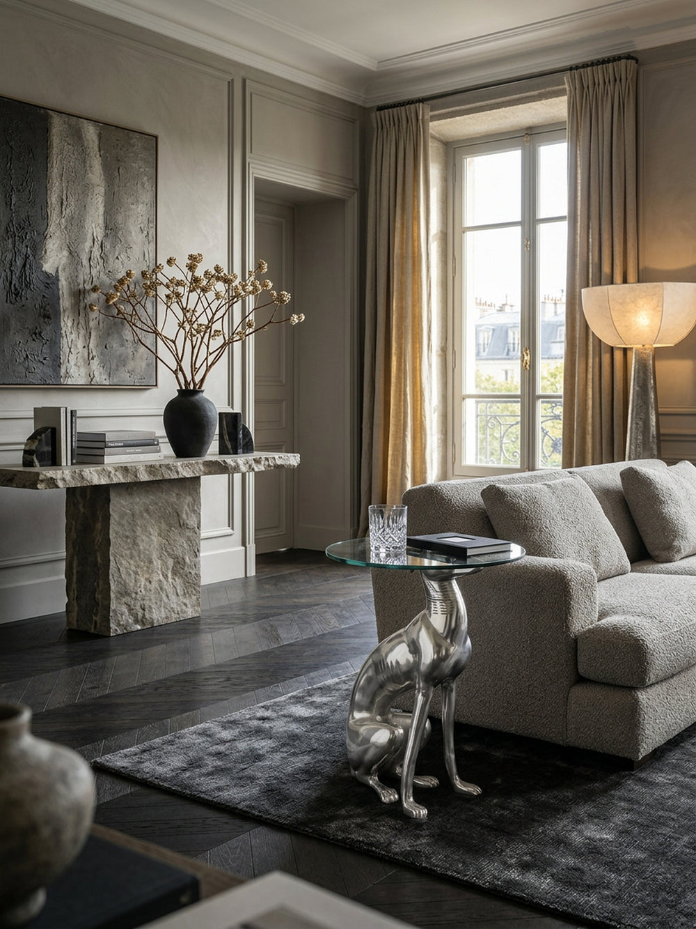 Windhund Skulptur Deko Beistelltisch_ Aluminium/Glas - Handgefertigt_ Einzigartig - KADIMA DESIGN_Größe_ 40x40x50 cm_