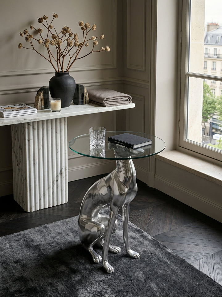 Windhund Skulptur Deko Beistelltisch_ Aluminium/Glas - Handgefertigt_ Einzigartig - KADIMA DESIGN_Größe_ 40x40x50 cm_