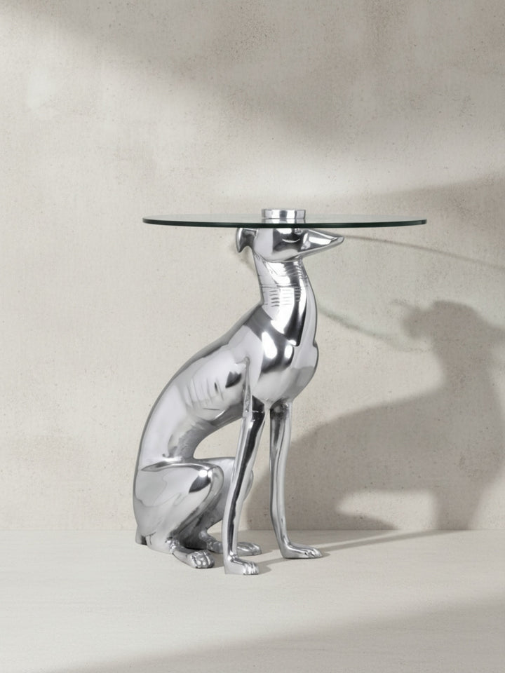 Windhund Skulptur Deko Beistelltisch_ Aluminium/Glas - Handgefertigt_ Einzigartig - KADIMA DESIGN_Größe_ 40x40x50 cm_