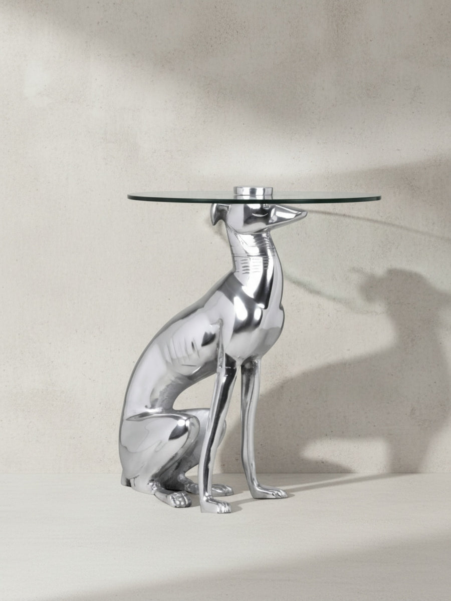 Windhund Skulptur Deko Beistelltisch_ Aluminium/Glas - Handgefertigt_ Einzigartig - KADIMA DESIGN_Größe_ 40x40x50 cm_