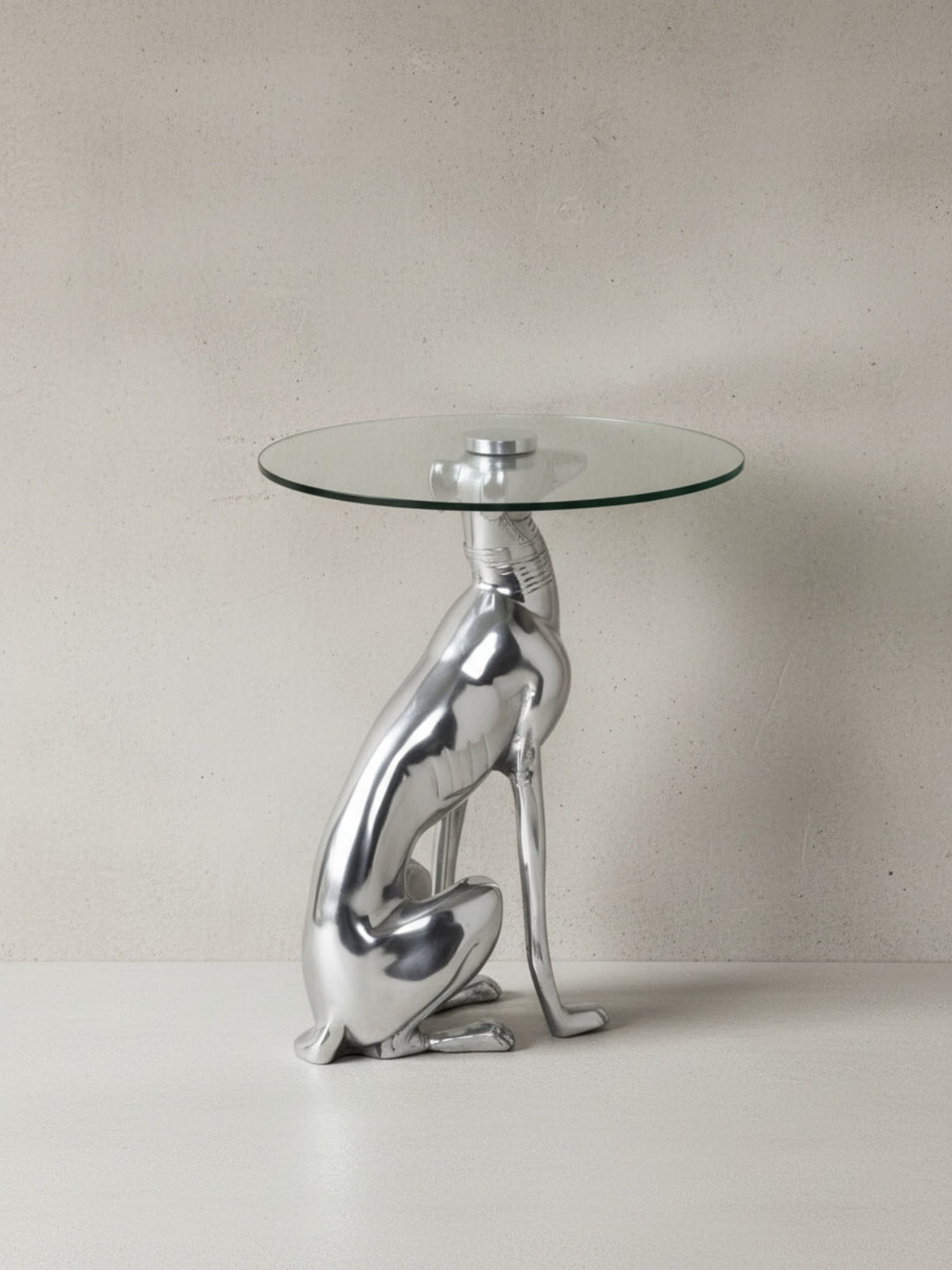 Windhund Skulptur Deko Beistelltisch_ Aluminium/Glas - Handgefertigt_ Einzigartig - KADIMA DESIGN_Größe_ 40x40x50 cm_
