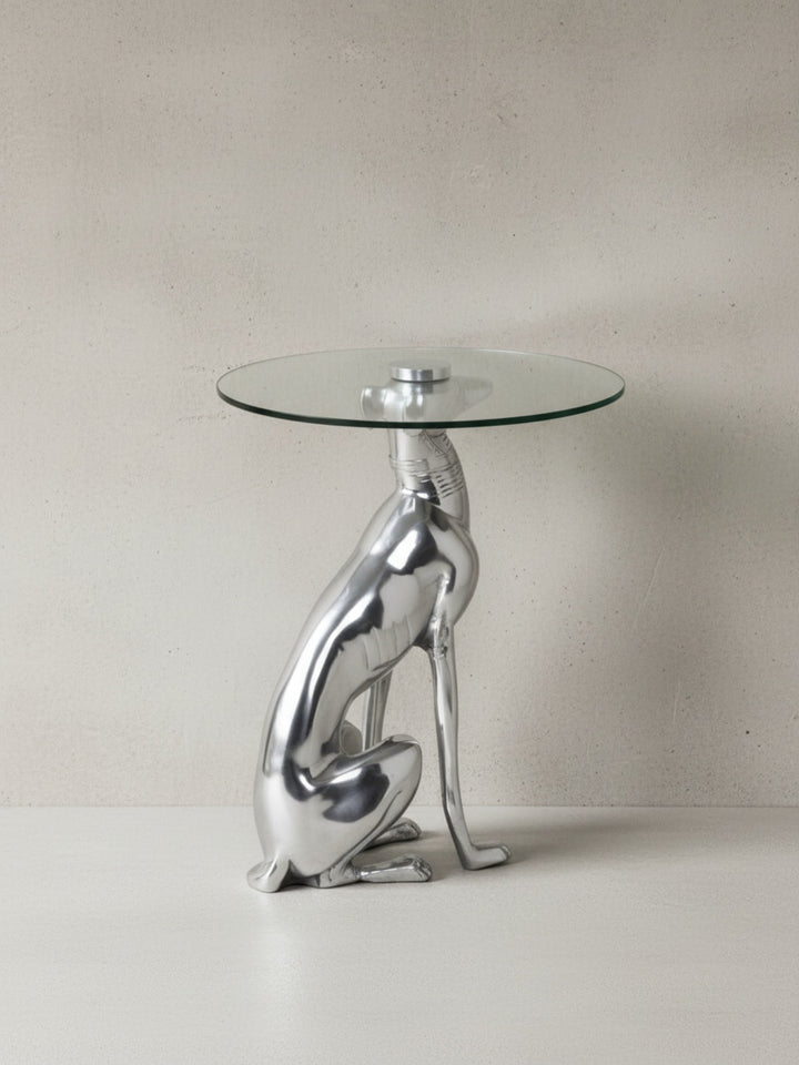 Windhund Skulptur Deko Beistelltisch_ Aluminium/Glas - Handgefertigt_ Einzigartig - KADIMA DESIGN_Größe_ 40x40x50 cm_