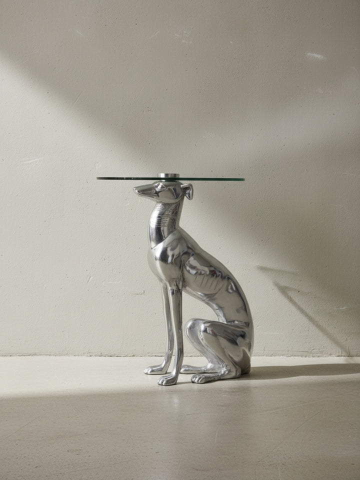 Windhund Skulptur Deko Beistelltisch_ Aluminium/Glas - Handgefertigt_ Einzigartig - KADIMA DESIGN_Größe_ 40x40x50 cm_