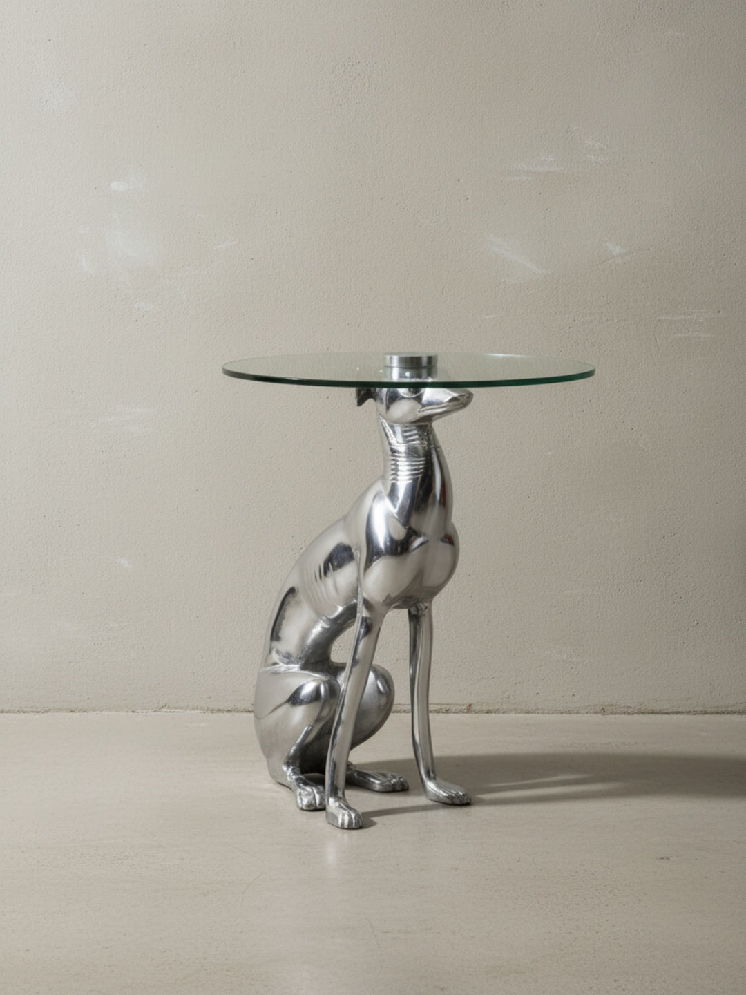 Windhund Skulptur Deko Beistelltisch_ Aluminium/Glas - Handgefertigt_ Einzigartig - KADIMA DESIGN_Größe_ 40x40x50 cm_