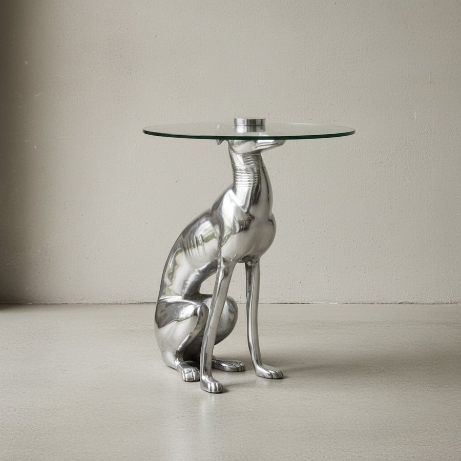 Windhund Skulptur Deko Beistelltisch_ Aluminium/Glas - Handgefertigt_ Einzigartig - KADIMA DESIGN_Größe_ 40x40x50 cm_