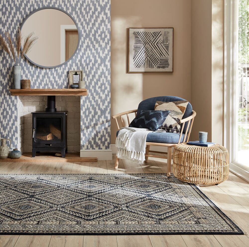 Wohnzimmerteppich mit Fransen - traditionelles geometrisches Muster_Blau_Rechteckig_