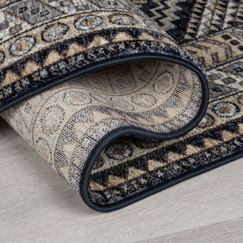Teppich KELVIN Orient-Bordüre Blau-Beige Fransen Kante Detail Rechteckig_