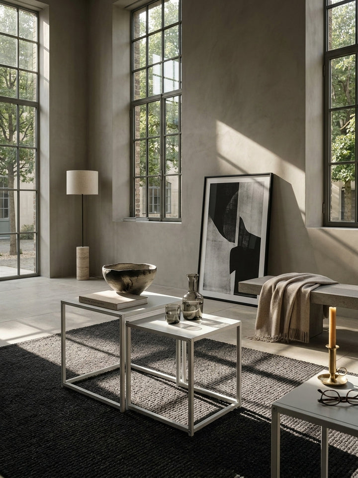 Großes Wohnzimmer im minimalistischen Stil mit quadratischem Beistelltisch aus weiß lackiertem Stahl auf einem anthrazitfarbenen Teppich neben dunklem Loungesessel._