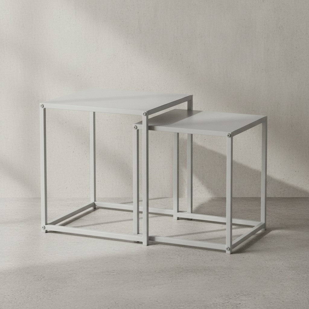 Wohnzimmertisch 2er Set Metall Beistelltisch Eckig Weiß - Design Beistelltisch Industrial - Sofatisch Couchtisch Quadratisch - Tischset 2-teilig Satztisch Stahl_