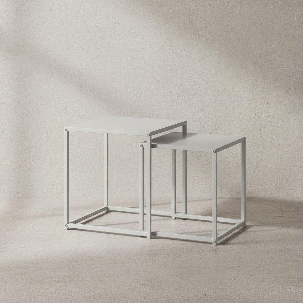 Wohnzimmertisch 2er Set Metall Beistelltisch Eckig Weiß - Design Beistelltisch Industrial - Sofatisch Couchtisch Quadratisch - Tischset 2-teilig Satztisch Stahl_