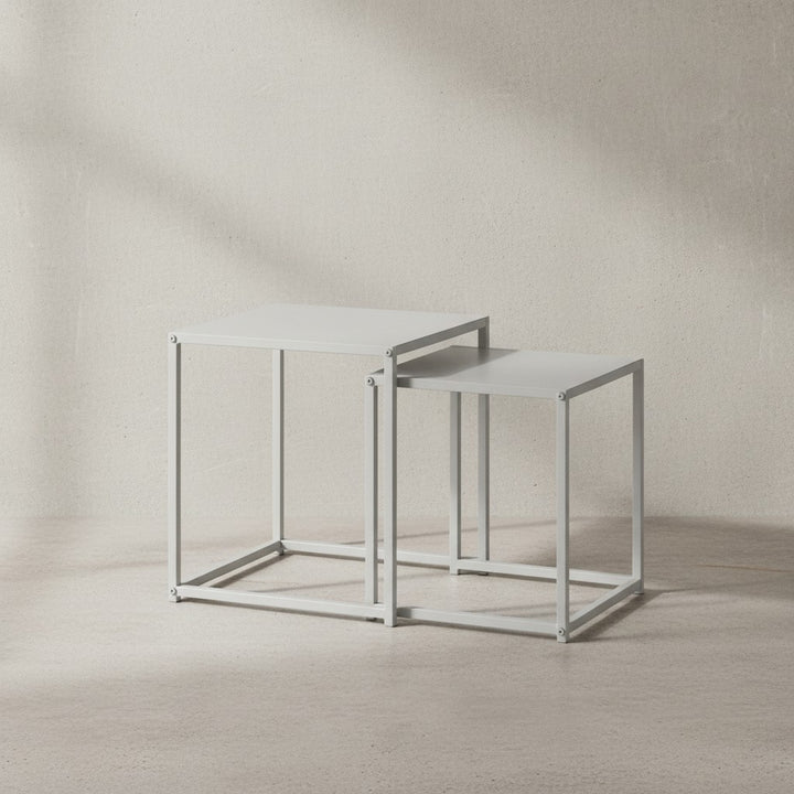 Wohnzimmertisch 2er Set Metall Beistelltisch Eckig Weiß - Design Beistelltisch Industrial - Sofatisch Couchtisch Quadratisch - Tischset 2-teilig Satztisch Stahl_