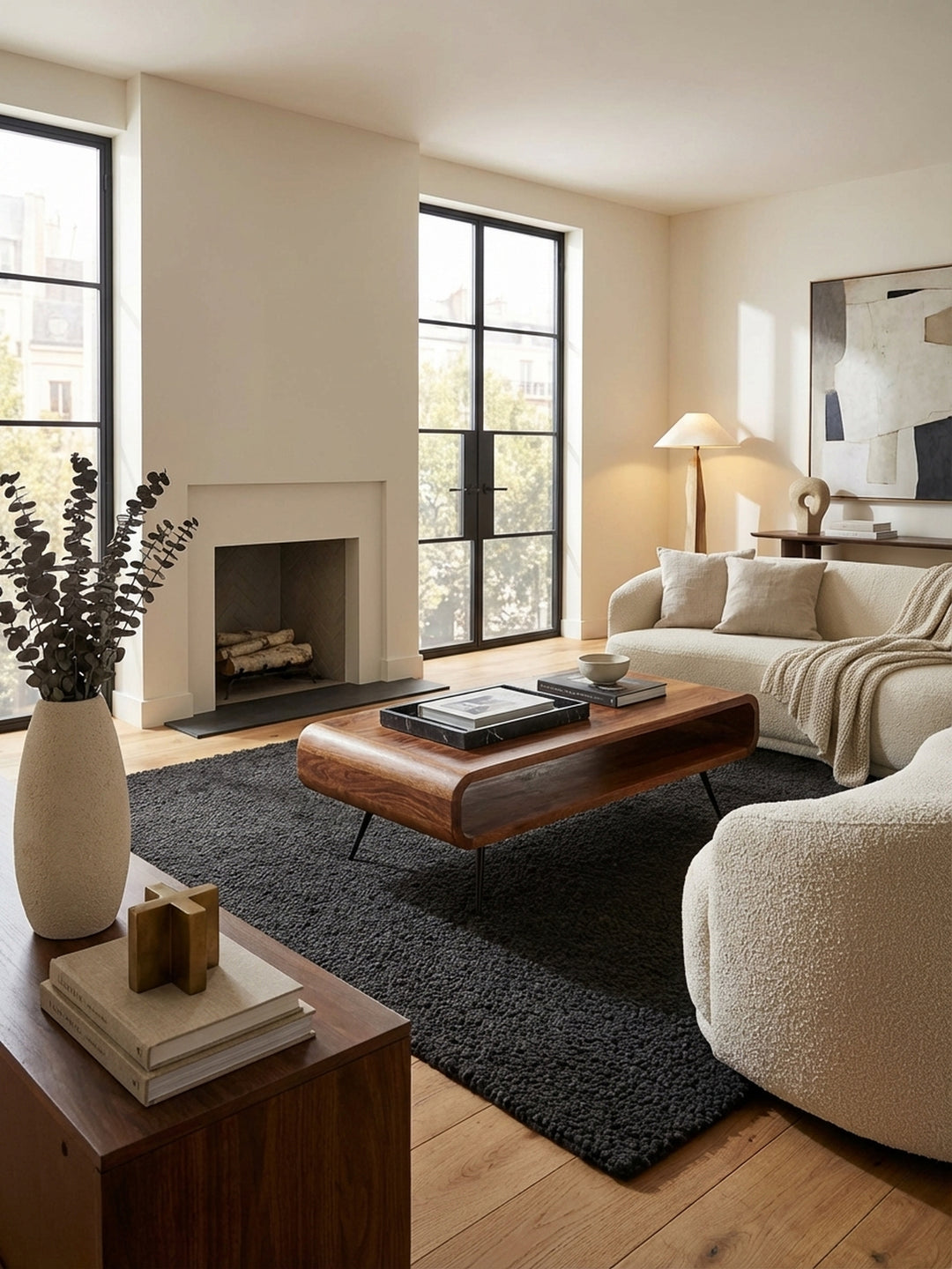Moderner Sheesham Massivholz Couchtisch 90x55 cm in einem stilvollen Wohnzimmer, elegant kombiniert mit einem grauen Sofa auf einem dunklen Teppich._