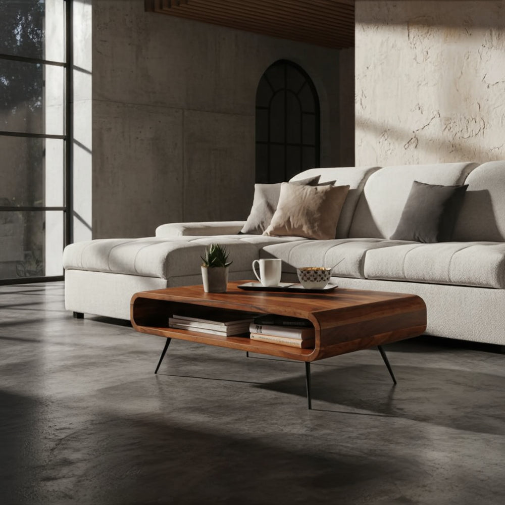 Moderner Couchtisch aus massivem Sheeshamholz mit stabilen schwarzen Metallbeinen – elegantes Design von KADIMA DESIGN – 90x55x30 cm 