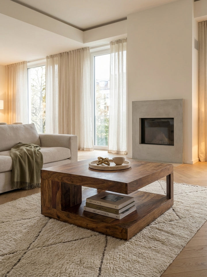 Quadratischer Couchtisch aus massivem Sheesham-Holz in einem eleganten Wohnzimmer, kombiniert mit einem beigen Sofa und einem strukturierten Teppich für ein modernes Ambiente._