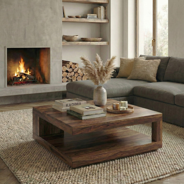 Nahaufnahme der präzise verarbeiteten Kante des Sheesham Couchtisches, quadratische Form, Massivholz in warmen Naturtönen_