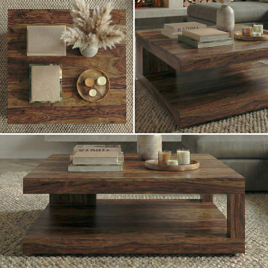 Massiver Sheesham Couchtisch 90x90 cm mit charaktervollen Holzstrukturen, Ablagefach und klarer Linienführung, Detailaufnahmen der Oberfläche und Konstruktion_
