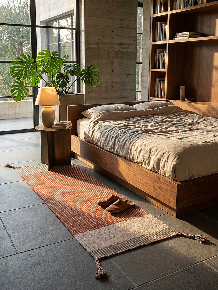Teppich Rot Läufer im Wohnzimmer mit Couchtisch und Wohnaccessoires Wohnidee skandinavisch modern_