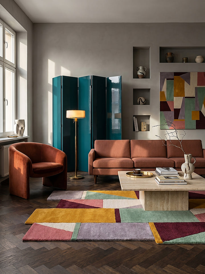Teppich Multi rechteckig im Wohnzimmer mit Couchtisch und Wohnaccessoires Wohnidee skandinavisch modern_