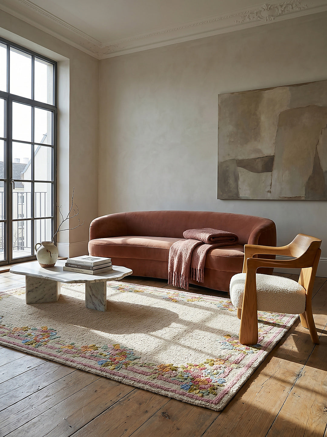 Teppich Multi rechteckig Editorial Interior als Designobjekt drapiert hochwertige WohnaccessoiresTeppich Multi rechteckig im modernen Wohnzimmer Einrichtungsidee_