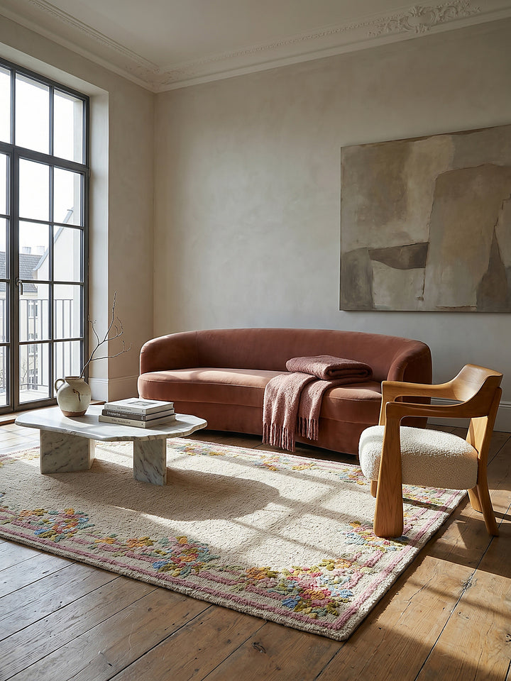 Teppich Multi rechteckig Editorial Interior als Designobjekt drapiert hochwertige WohnaccessoiresTeppich Multi rechteckig im modernen Wohnzimmer Einrichtungsidee_