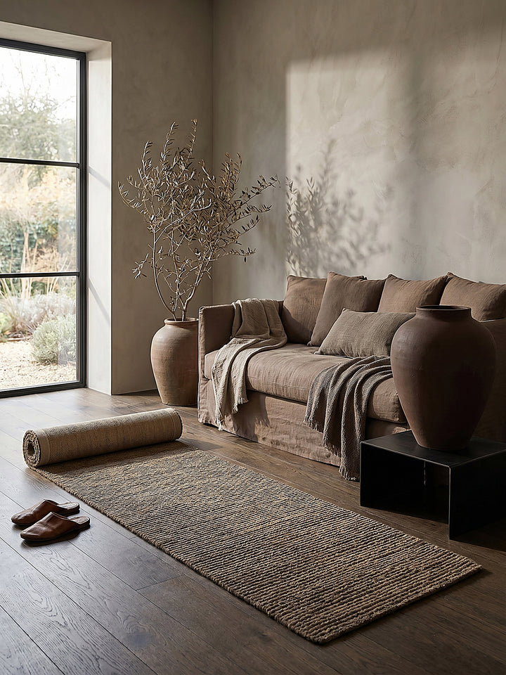 Teppich Erdtöne Läufer Editorial Interior als Designobjekt drapiert hochwertige Wohnaccessoires_
