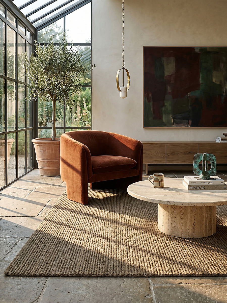 Teppich Erdtöne rechteckig im Wohnzimmer mit Couchtisch und Wohnaccessoires Wohnidee skandinavisch modern_