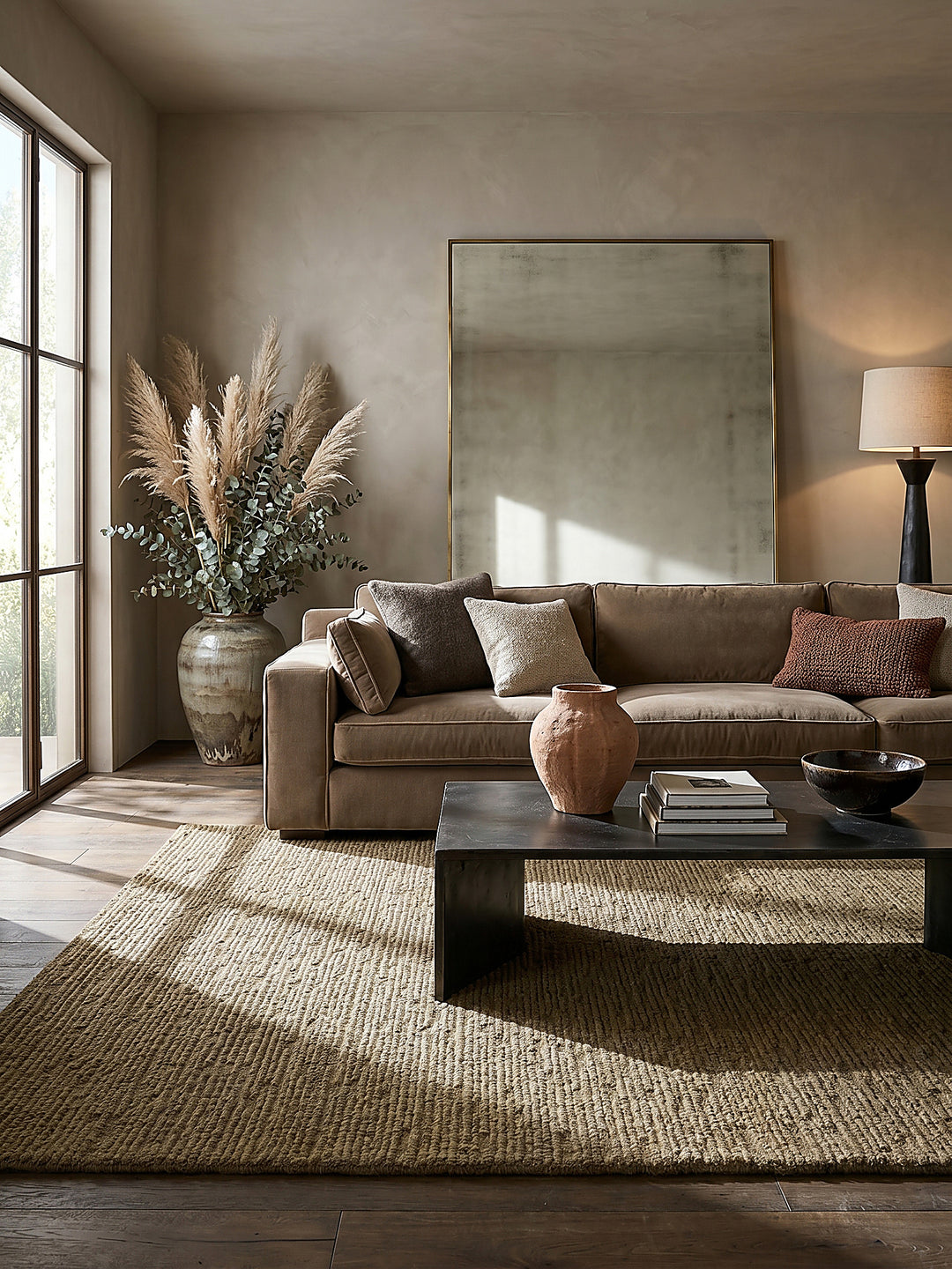 Teppich Erdtöne rechteckig im modernen Wohnzimmer auf poured warm-toned microcement Einrichtungsidee_