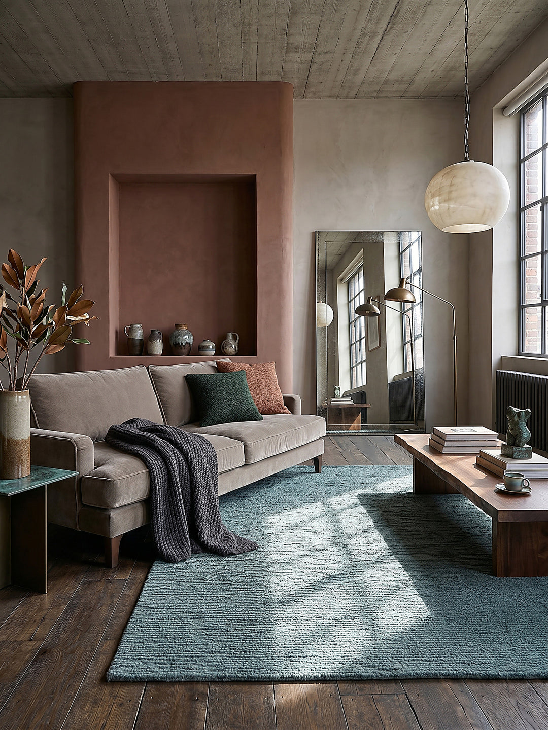 Teppich Türkis rechteckig im Wohnzimmer mit Couchtisch und Wohnaccessoires Wohnidee skandinavisch modern_