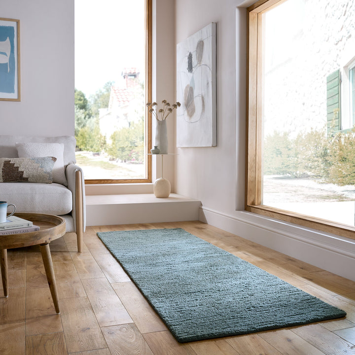 Wollteppich Boucle - Unifarben - Strapazierfähig - pflegeleicht_Türkis_Läufer_