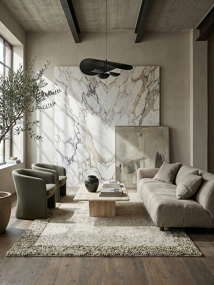 Teppich Grün-Natur rechteckig Editorial Interior als Designobjekt drapiert hochwertige Wohnaccessoires_