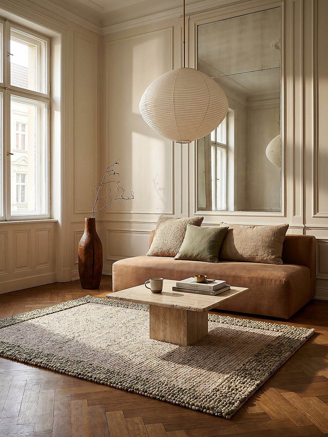 Teppich Grün-Natur rechteckig im Wohnzimmer mit Couchtisch und Wohnaccessoires Wohnidee skandinavisch modern_
