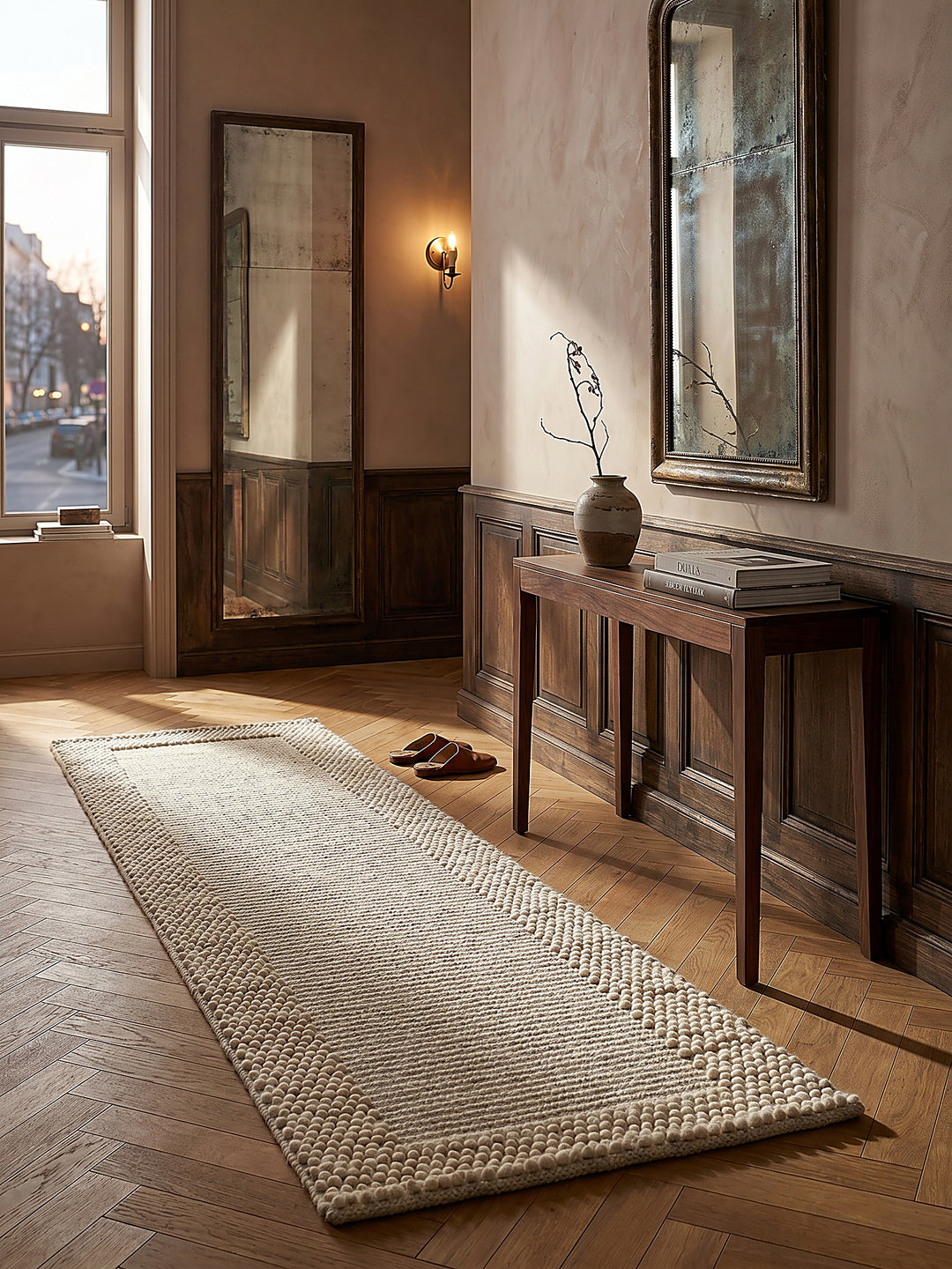 Teppich Beige-Natur Läufer im Wohnzimmer mit Couchtisch und Wohnaccessoires Wohnidee skandinavisch modern_